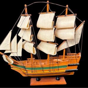 Wooden Model Ship with Cream Sails